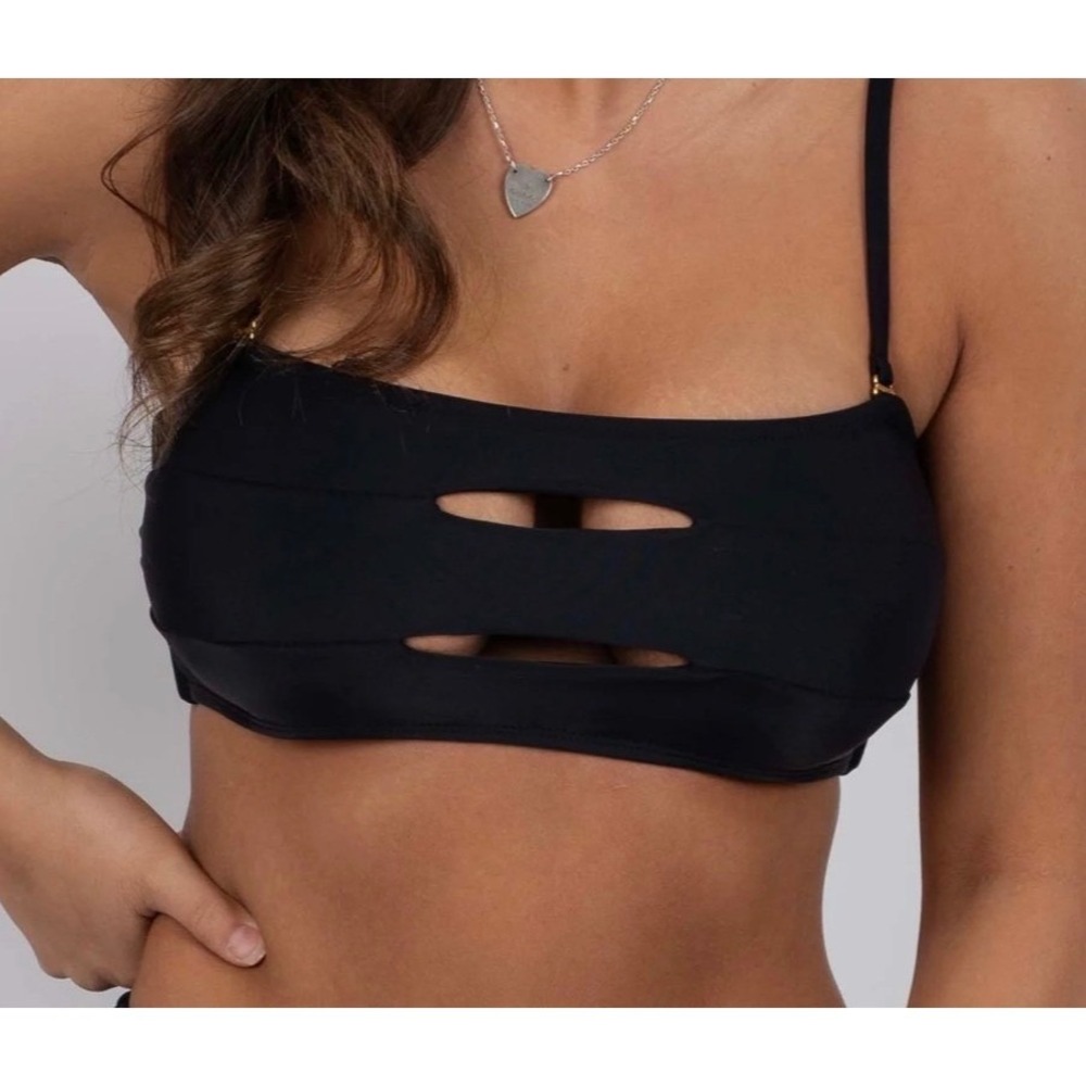 Blushing Brunette Bikini Top XL Black Cut Out Bandeau Tie Back Modern